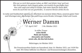 Traueranzeige von Werner Damm  von Magdeburger Volksstimme