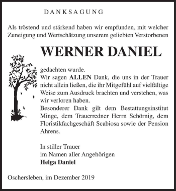 Traueranzeige von Werner Daniel  von Magdeburger Volksstimme