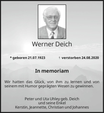 Traueranzeige von Werner Deich  von Magdeburger Volksstimme