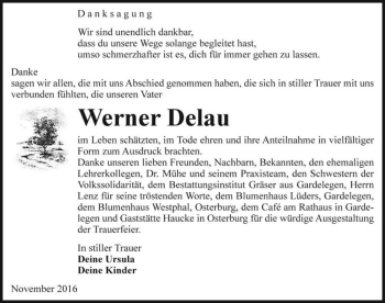 Traueranzeige von Werner Delau  von Magdeburger Volksstimme