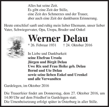 Traueranzeige von Werner Delau  von Magdeburger Volksstimme