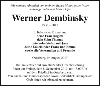Traueranzeige von Werner Dembinsky  von Magdeburger Volksstimme