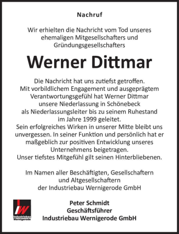 Traueranzeige von Werner Dittmar  von Magdeburger Volksstimme