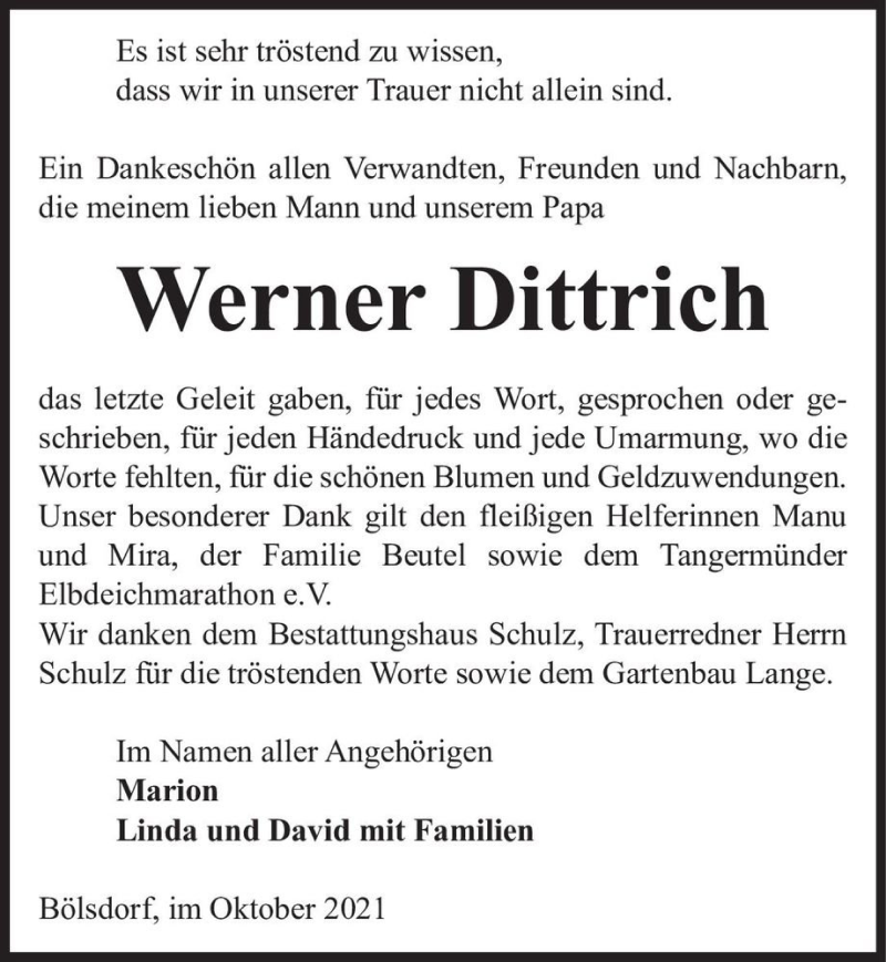  Traueranzeige für Werner Dittrich  vom 02.10.2021 aus Magdeburger Volksstimme