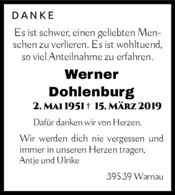 Traueranzeige von Werner Dohlenburg  von Magdeburger Volksstimme