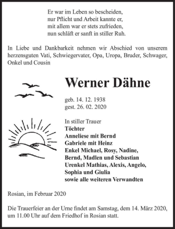 Traueranzeige von Werner Dähne  von Magdeburger Volksstimme