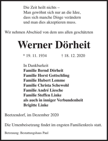 Traueranzeige von Werner Dörheit  von Magdeburger Volksstimme