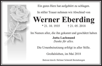 Traueranzeige von Werner Eberding  von Magdeburger Volksstimme