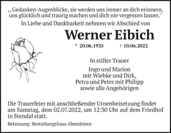 Traueranzeige von Werner Eibich  von Magdeburger Volksstimme