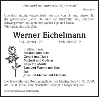 Traueranzeige von Werner Eichelmann  von Magdeburger Volksstimme