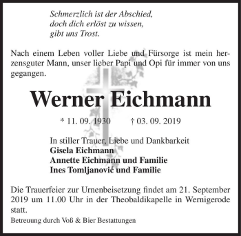 Traueranzeige von Werner Eichmann  von Magdeburger Volksstimme