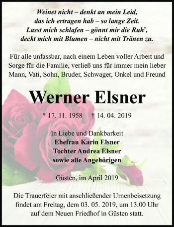 Traueranzeige von Werner Elsner  von Magdeburger Volksstimme