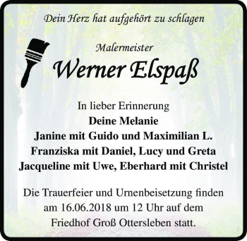 Traueranzeige von Werner Elspaß  von Magdeburger Volksstimme