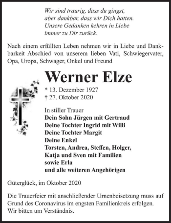 Traueranzeige von Werner Elze  von Magdeburger Volksstimme