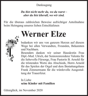 Traueranzeige von Werner Elze  von Magdeburger Volksstimme