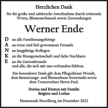 Traueranzeige von Werner Ende  von Magdeburger Volksstimme