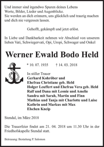 Traueranzeige von Werner Ewald Bodo Held  von Magdeburger Volksstimme
