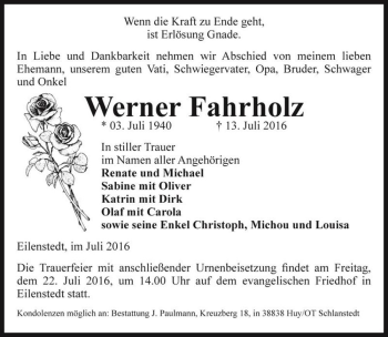 Traueranzeige von Werner Fahrholz  von Magdeburger Volksstimme