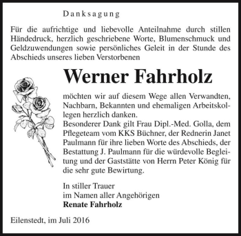 Traueranzeige von Werner Fahrholz  von Magdeburger Volksstimme