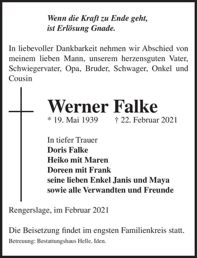  Traueranzeige für Werner Falke  vom 27.02.2021 aus Magdeburger Volksstimme