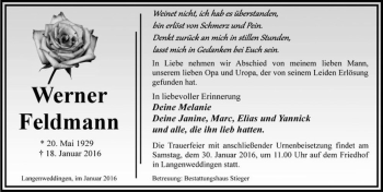 Traueranzeige von Werner Feldmann  von Magdeburger Volksstimme