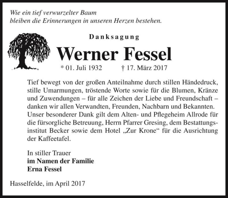  Traueranzeige für Werner Fessel  vom 08.04.2017 aus Magdeburger Volksstimme