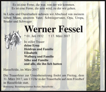 Traueranzeige von Werner Fessel  von Magdeburger Volksstimme