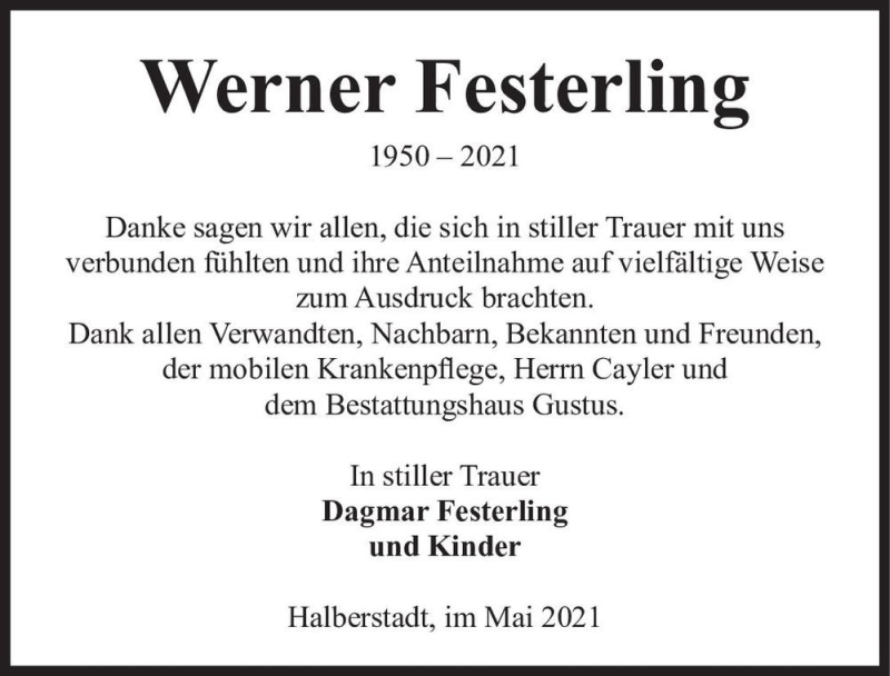  Traueranzeige für Werner Festerling  vom 15.05.2021 aus Magdeburger Volksstimme