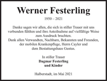 Traueranzeige von Werner Festerling  von Magdeburger Volksstimme