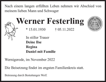 Traueranzeige von Werner Festerling  von Magdeburger Volksstimme