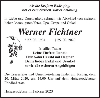 Traueranzeige von Werner Fichtner  von Magdeburger Volksstimme