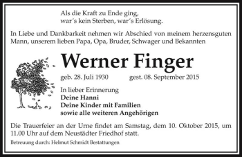 Traueranzeige von Werner Finger  von Magdeburger Volksstimme
