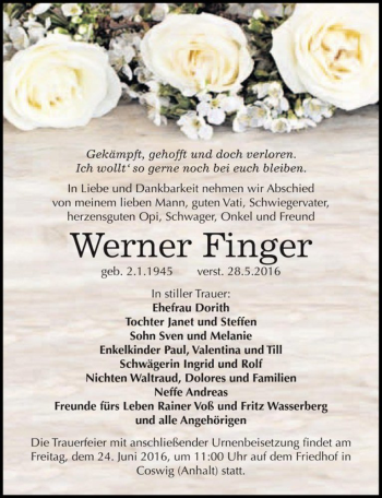 Traueranzeige von Werner Finger  von Magdeburger Volksstimme