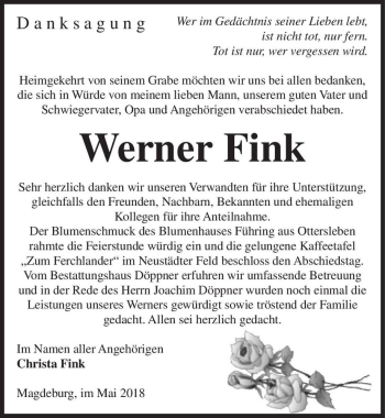 Traueranzeige von Werner Fink  von Magdeburger Volksstimme