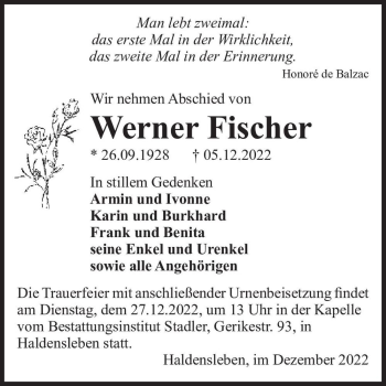 Traueranzeige von Werner Fischer  von Magdeburger Volksstimme