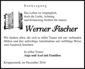 Traueranzeige von Werner Fischer  von Magdeburger Volksstimme