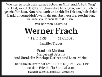 Traueranzeige von Werner Frach  von Magdeburger Volksstimme