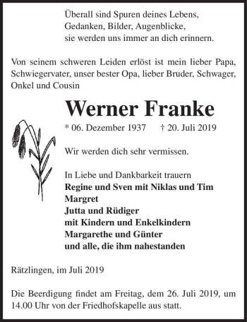 Traueranzeige von Werner Franke  von Magdeburger Volksstimme
