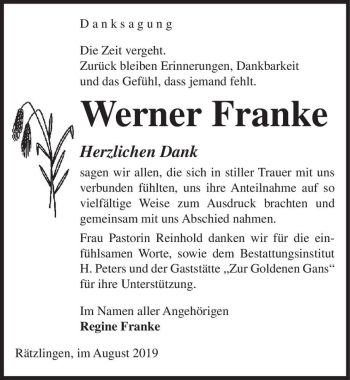 Traueranzeige von Werner Franke  von Magdeburger Volksstimme