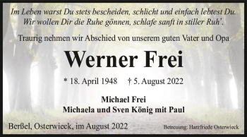 Traueranzeige von Werner Frei  von Magdeburger Volksstimme