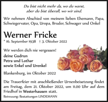Traueranzeige von Werner Fricke  von Magdeburger Volksstimme