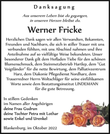 Traueranzeige von Werner Fricke  von Magdeburger Volksstimme