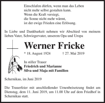 Traueranzeige von Werner Fricke  von Magdeburger Volksstimme