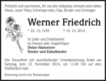 Traueranzeige von Werner Friedrich  von Magdeburger Volksstimme