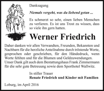 Traueranzeige von Werner Friedrich  von Magdeburger Volksstimme