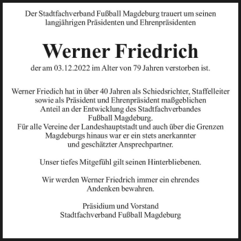 Traueranzeige von Werner Friedrich  von Magdeburger Volksstimme