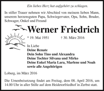 Traueranzeige von Werner Friedrich  von Magdeburger Volksstimme