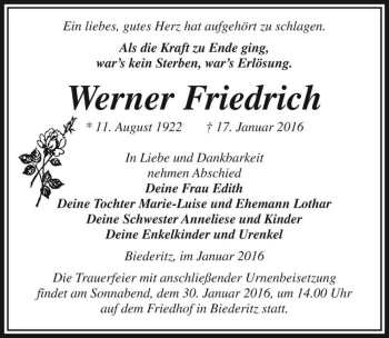 Traueranzeige von Werner Friedrich  von Magdeburger Volksstimme