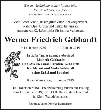 Traueranzeige von Werner Friedrich Gebhardt  von Magdeburger Volksstimme