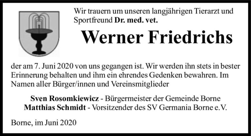 Traueranzeige für Werner Friedrichs  vom 20.06.2020 aus Magdeburger Volksstimme